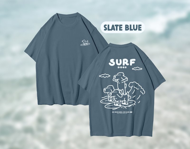 Surf Dogs Oversized Fit Slate Blue T-Shirt (Pre-order) - เสื้อฮู้ด - ผ้าฝ้าย/ผ้าลินิน สีน้ำเงิน