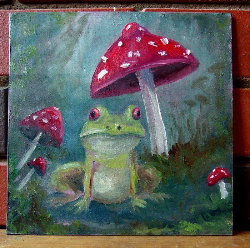 Green frog sitting under giant red mushroom original oil painting on canvas 8x8 - Wall Décor - Other Materials Green