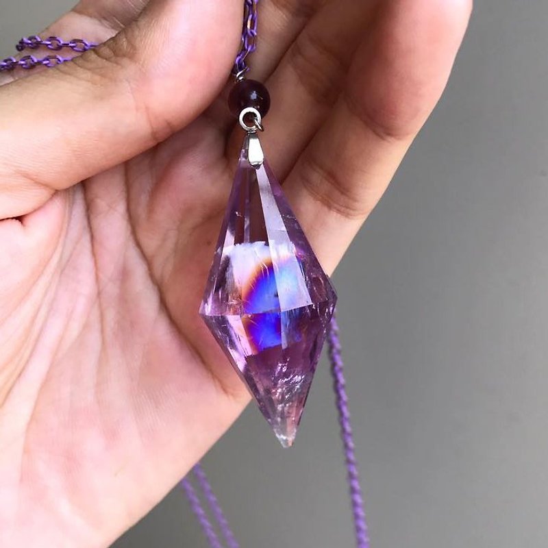 【Lost and find】 natural stone rainbow light stone double-chain purple yellow crystal necklace - สร้อยคอ - เครื่องเพชรพลอย หลากหลายสี