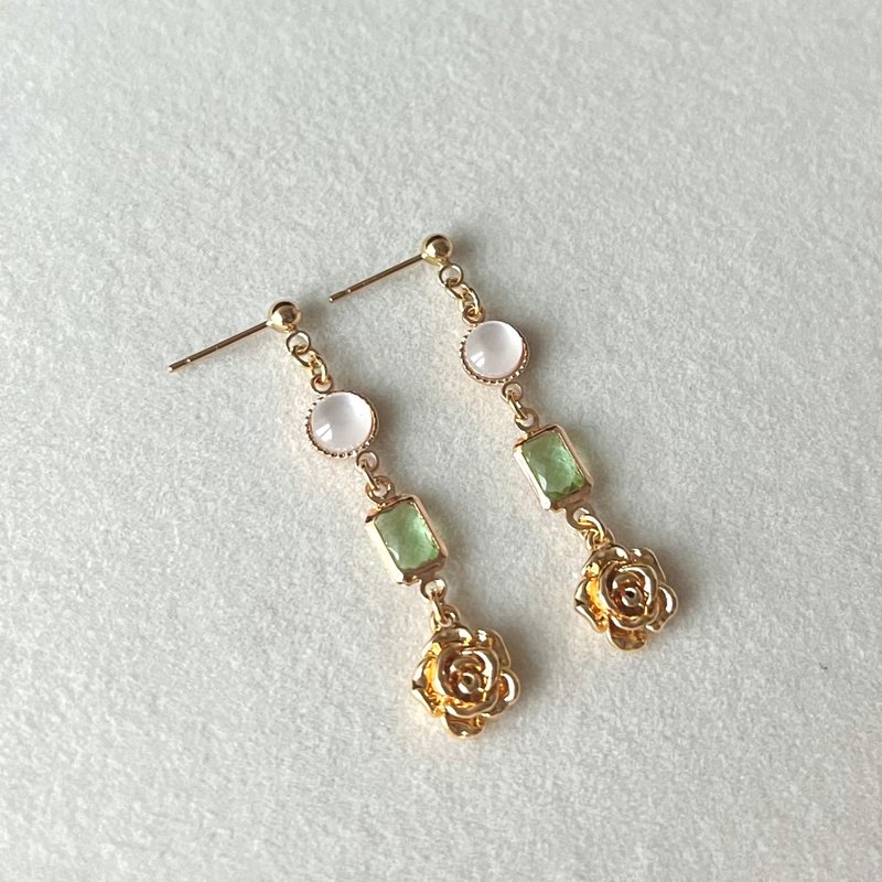 14K gold-filled summer green moonlight rose earrings and Clip-On 14KGF - ต่างหู - โลหะ สีเขียว