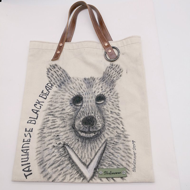 Hand painted Taiwan black bear cloth bag + leather handle - Handbags & Totes - Genuine Leather White