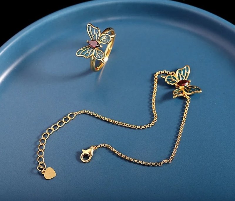 Enamel Butterfly Jewelry Sets for Women 925 Sterling Silver Insect Ring Bracelet - 戒指 - 純銀 金色