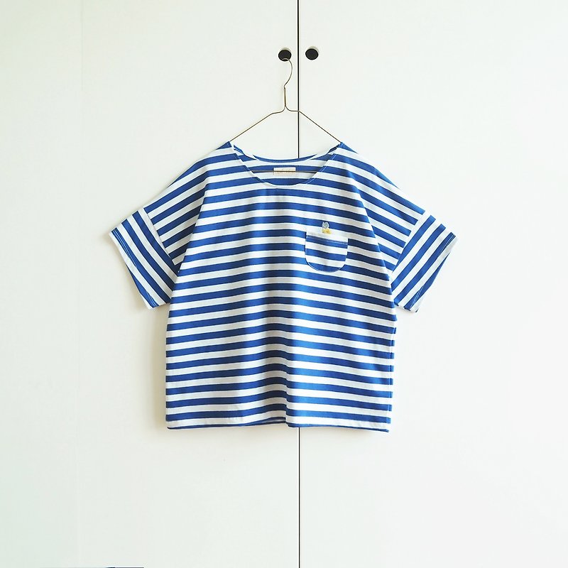 pajamas cat striped t-shirt : blue × white - T 恤 - 聚酯纖維 藍色