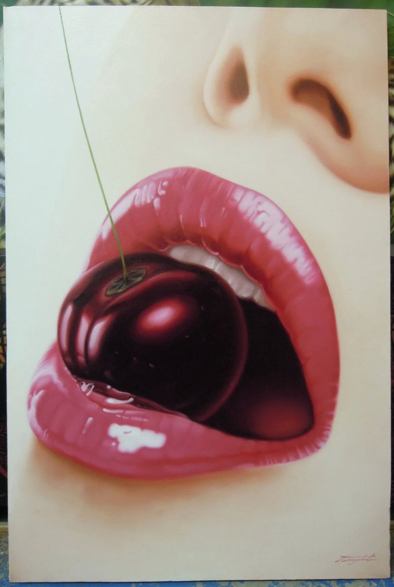 Lady lips and cherry painting oil painting on canvas 80X120 cm. - 壁貼/牆壁裝飾 - 棉．麻 