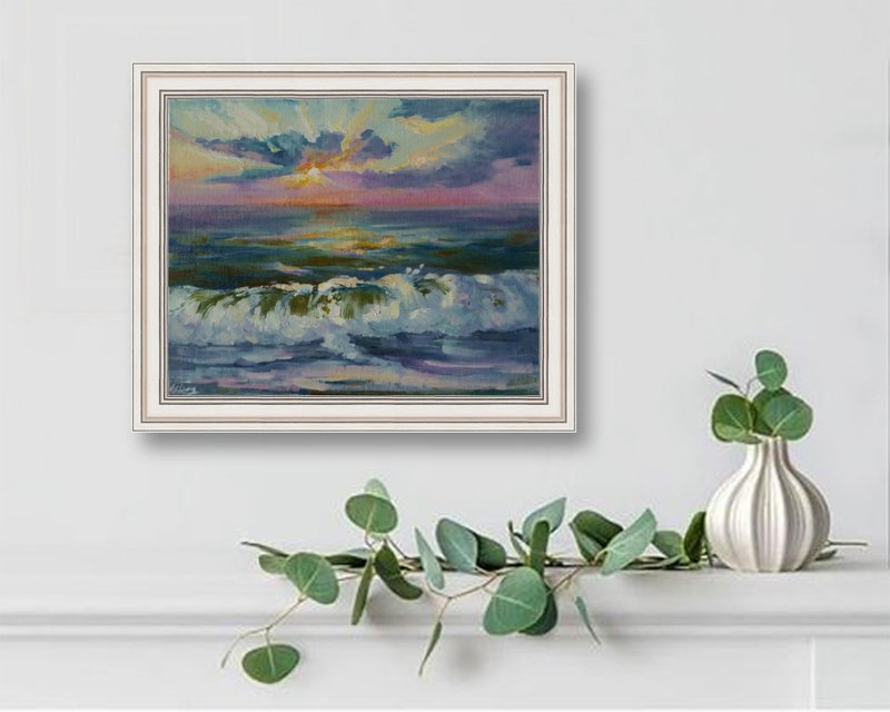 海上日落的 - Seascape oil painting on canvas - Original sunset art - 海浪油畫 - ocean art - 海報/掛畫/掛布 - 棉．麻 藍色