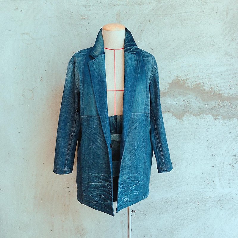Handmade denim jacket suit jacket handmade denim - เสื้อสูท/เสื้อคลุมยาว - ผ้าฝ้าย/ผ้าลินิน สีน้ำเงิน