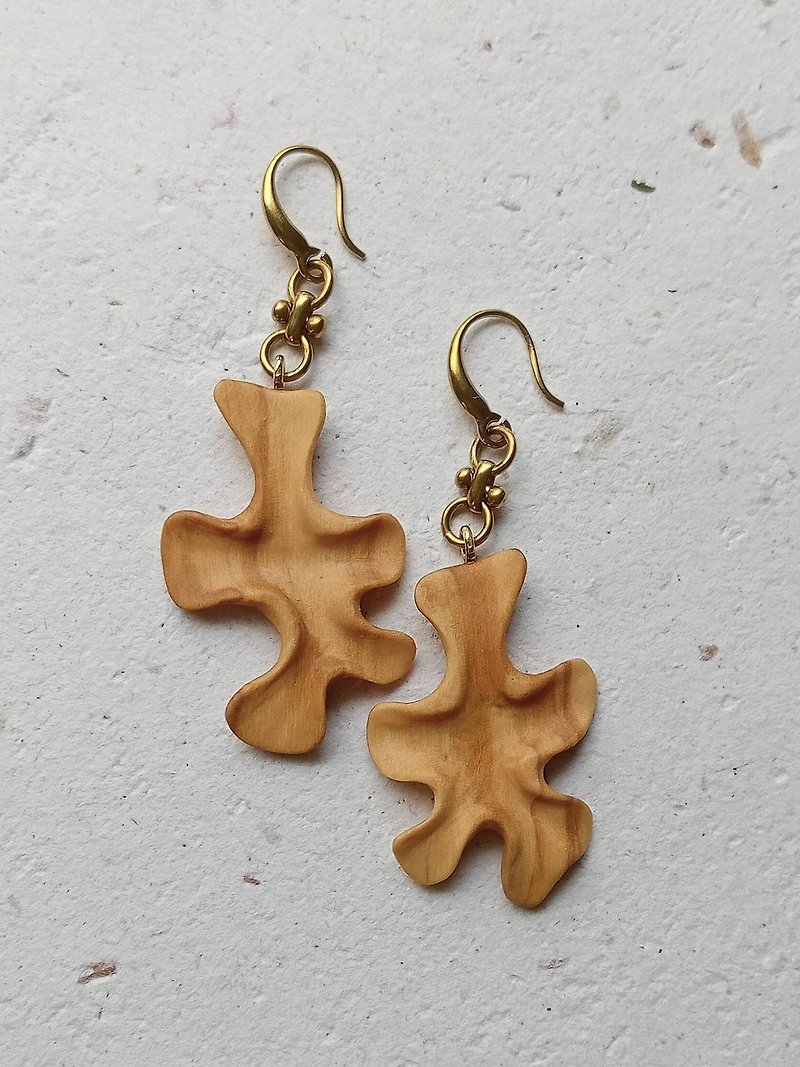Intertidal Dancer Handmade Wood Carved Kelp Bud Bronze Ear Hooks - Earrings & Clip-ons - Wood Brown