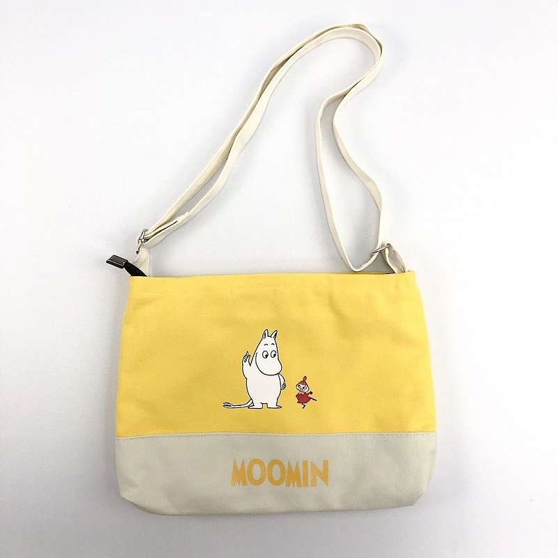 Moomin 噜噜 Mi Authorization-Colorblock Shoulder Bag (Yellow) - กระเป๋าแมสเซนเจอร์ - ผ้าฝ้าย/ผ้าลินิน ขาว