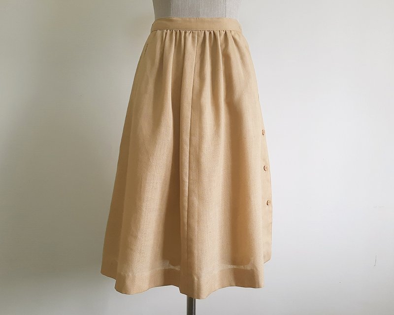 23.5 Waist Vintage Brown Linen Polyester Skirt Womens Side Button Skirt XS - 裙子/長裙 - 其他材質 咖啡色