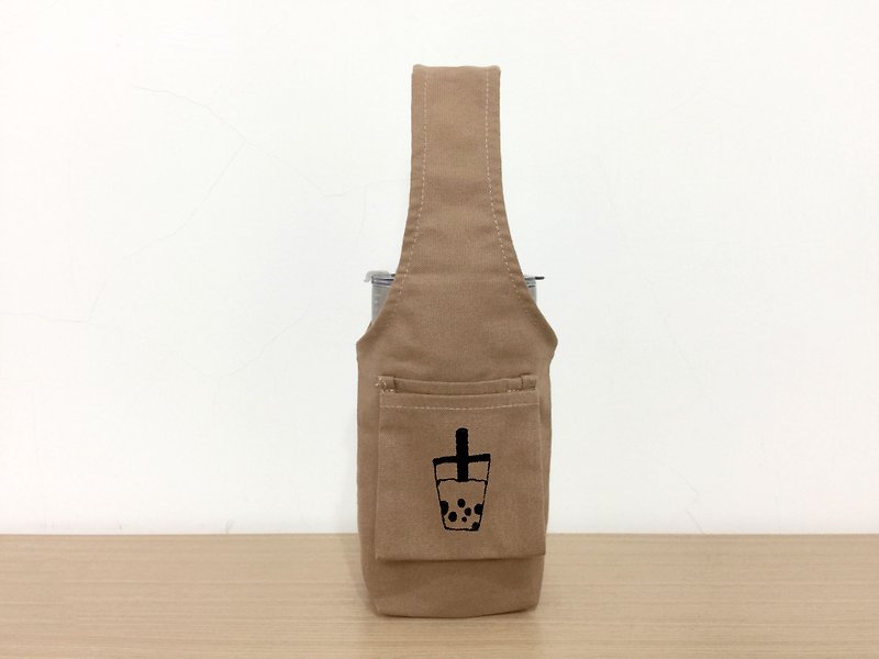 A cup of pearl milk tea-canvas eco-friendly beverage bag l storage illustration l universal water bottle bag - ถุงใส่กระติกนำ้ - ผ้าฝ้าย/ผ้าลินิน สีกากี