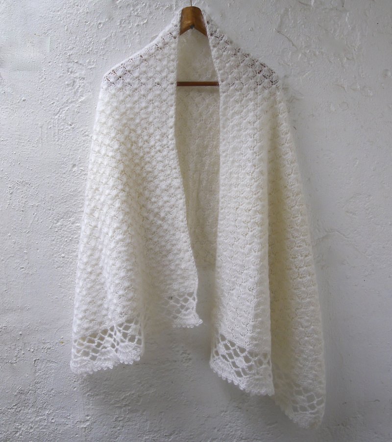 FOAK古著 貝殼白毛線鏤空鉤織圍巾 - 絲巾 - 羊毛 白色