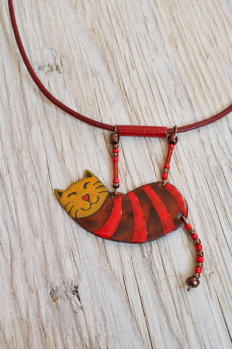Jewelry, Necklace, Pendant, Enamel, Cat, Cat Pendant, Enamel Pendant, Enamel Necklace, Cat Necklace, Cat Shaped, Boho Necklace, Striped Necklace, Tabby Cat, - Necklaces - Enamel Red