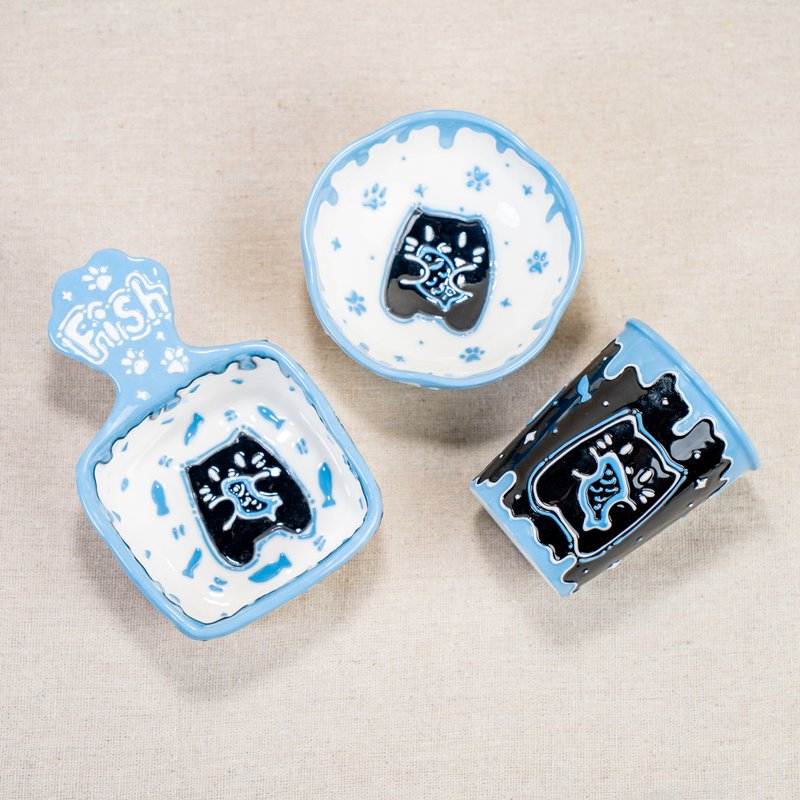 Blue Cat Kitchenware Collection, Small Black Coffee Mug, Cute Tiny Cat Ring Dish - เซรามิก - ดินเผา สีน้ำเงิน