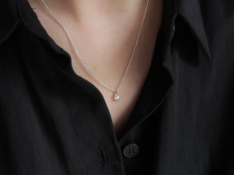 925 sterling silver small hexagonal moonstone bezel necklace long chain short chain clavicle chain - Necklaces - Sterling Silver White