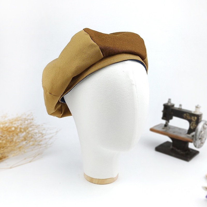 Calf Village Calf Village handmade hat men and women double-sided berets artist hat plain stitching neutral vintage all-season wild {breeze khaki} [B-03] - Hats & Caps - Cotton & Hemp Khaki