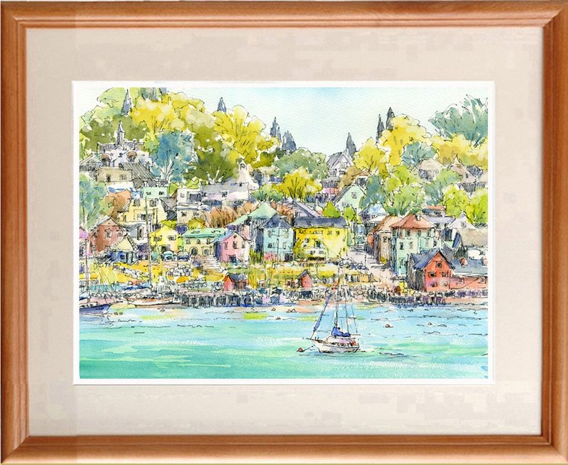 Made to order: Watercolor original painting: Autumnal port town 2 - โปสเตอร์ - กระดาษ สีเขียว