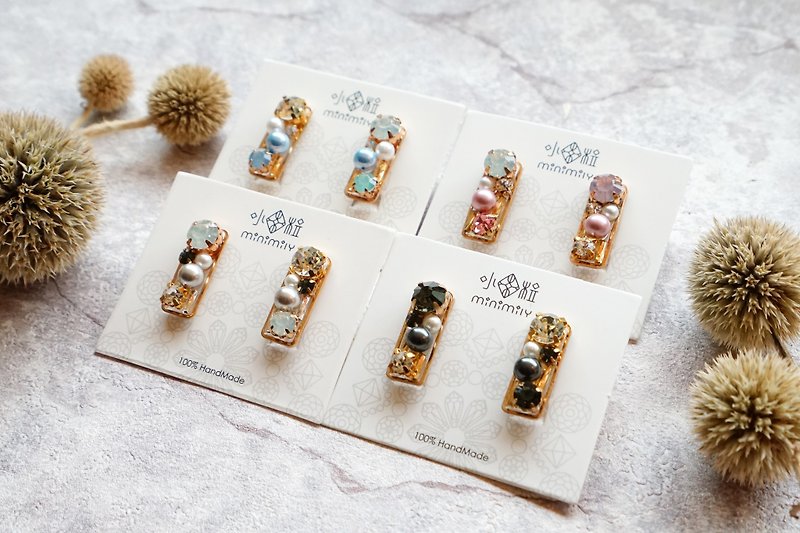 Jewelry Boxes - Geometric Rectangle Crystal Pearl Earrings - ต่างหู - วัสดุอื่นๆ หลากหลายสี