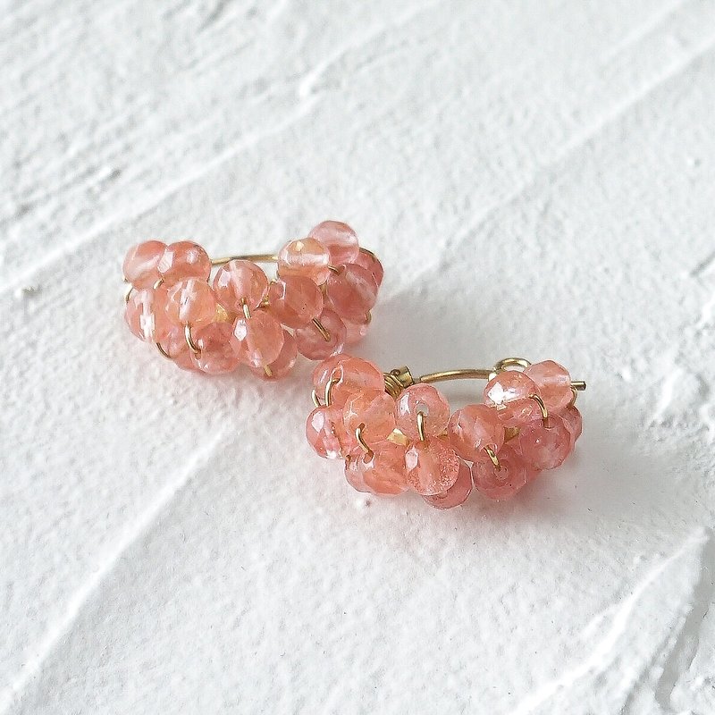 14kgf Cherry Quartz wrapped hoop pierced earrings / clip on earrings - Earrings & Clip-ons - Gemstone Pink