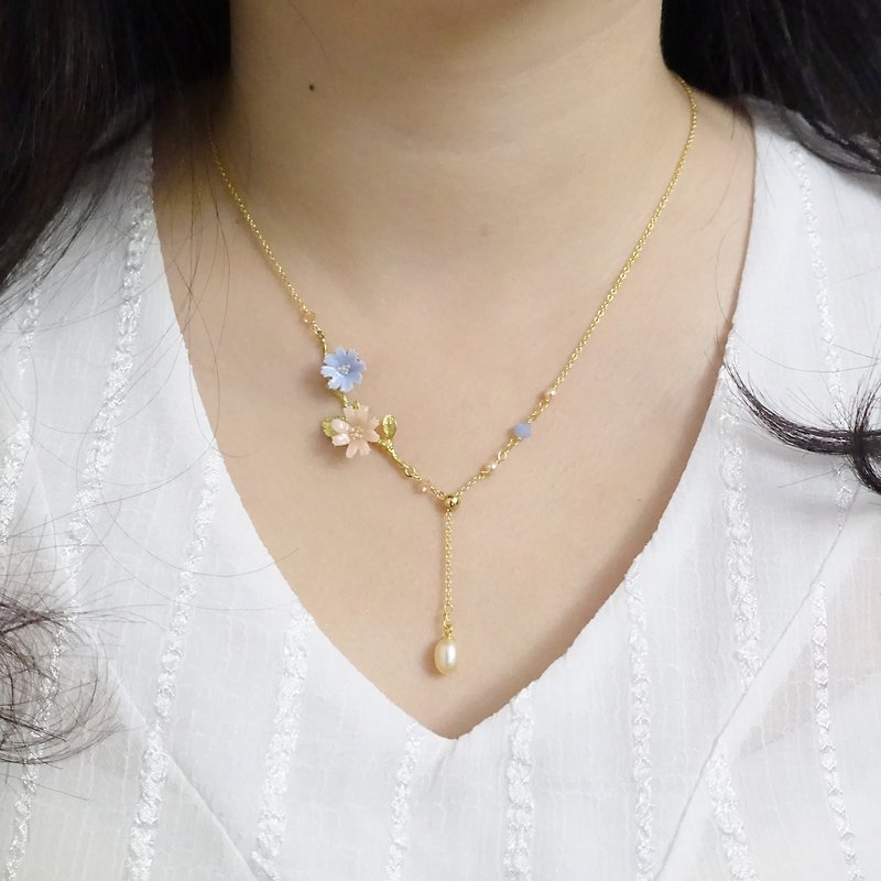Floral Gold-plated Sterling Silver Pearl Necklace - สร้อยคอ - ดินเหนียว สึชมพู