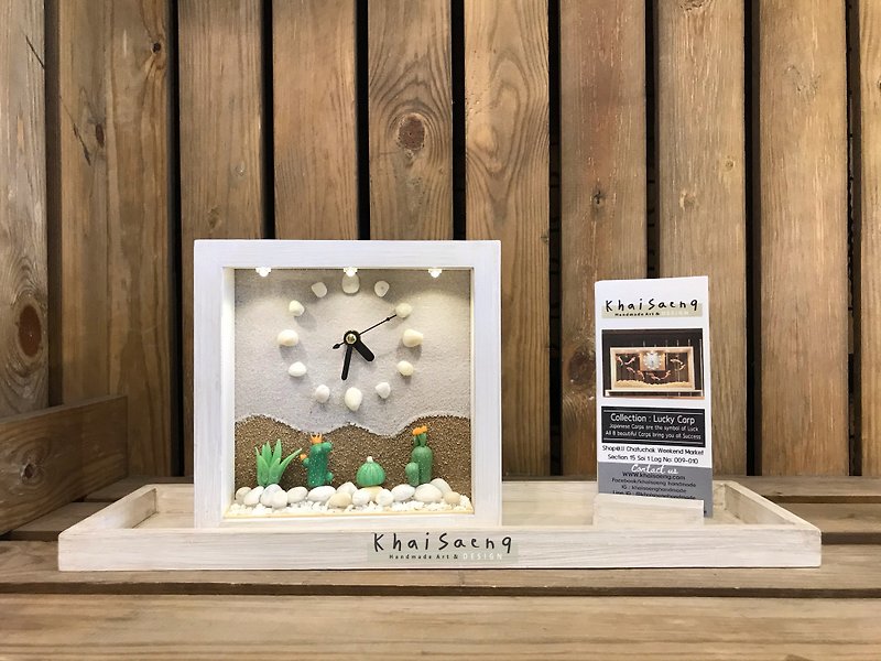 KHAISAENGHANDMADE wooden clock | Clay Cactus clock | นาฬิกาแคคตัสดินปั้น | 06606 - นาฬิกา - ไม้ ขาว