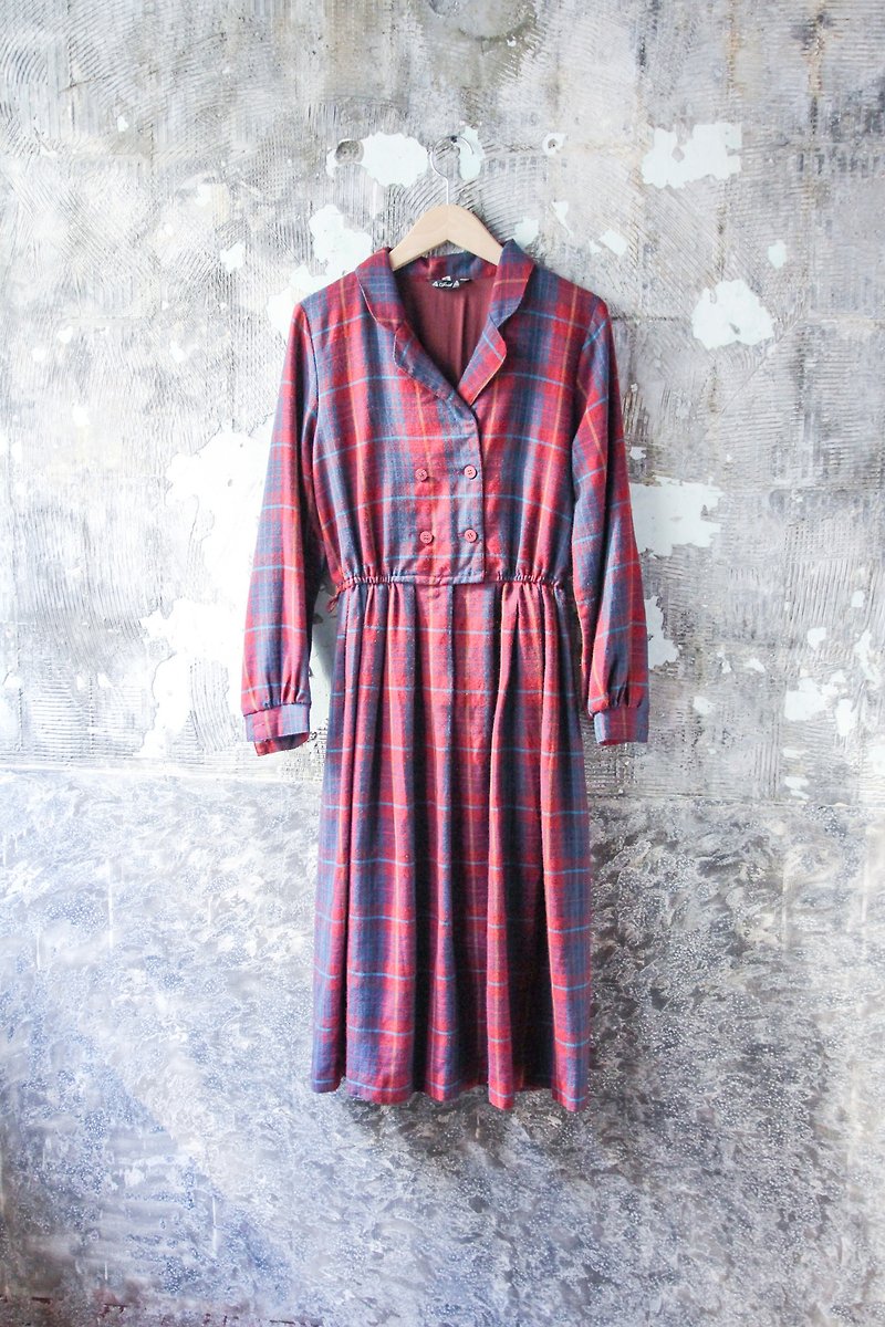 袅袅 Department Store-Vintage Cotton Lapel Plaid Long Sleeve Dress - ชุดเดรส - ผ้าฝ้าย/ผ้าลินิน 