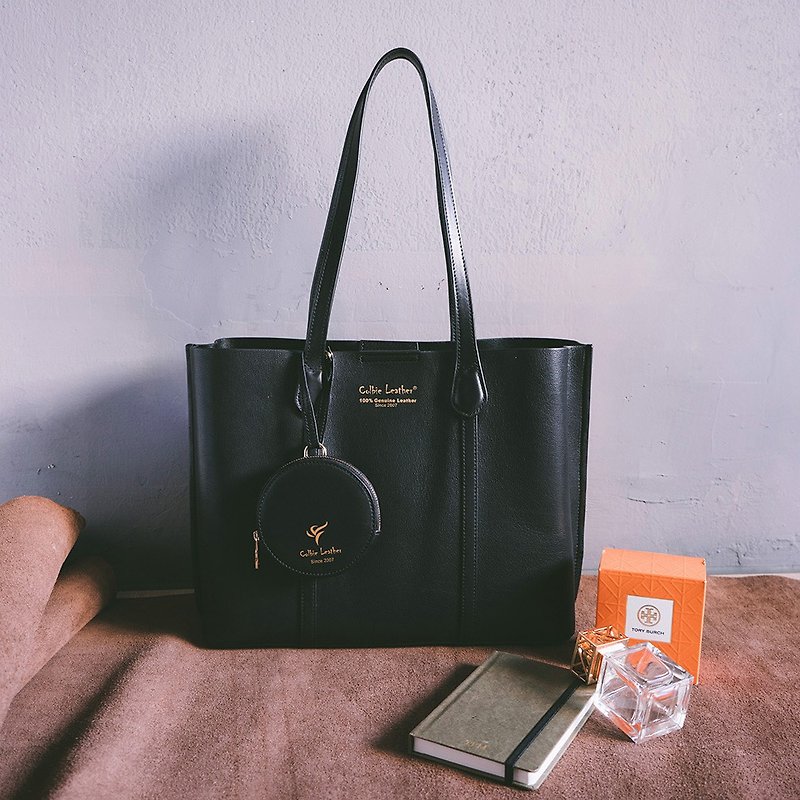 Genuine leather shoulder tote bag 22273 black - กระเป๋าแมสเซนเจอร์ - หนังแท้ สีดำ