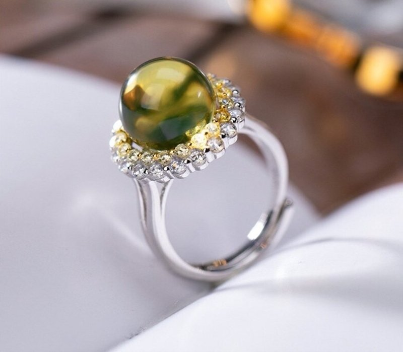 Natural Blue Amber Rings for Women Sparkly Zircons Crystal Floral Rings Luxury - แหวนทั่วไป - เงินแท้ หลากหลายสี