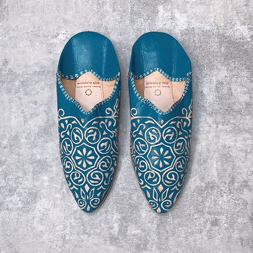 駝峰牌薄荷茶 DoorToMorocco 摩洛哥 balgha 皮雕手工鞋 海藍 踩腳鞋 室內鞋