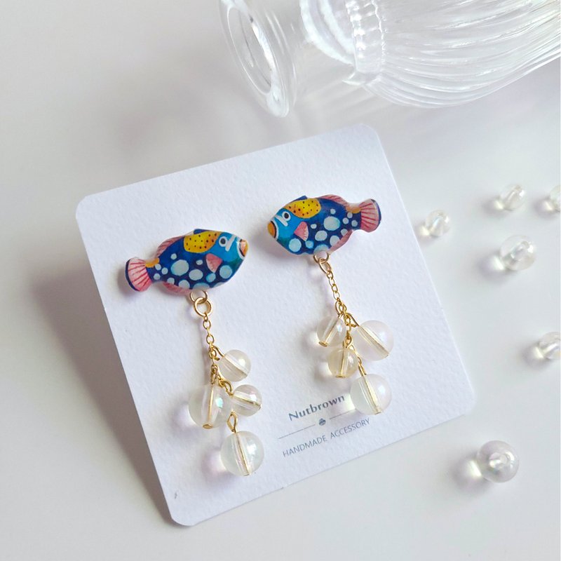 Ocean Series-Clown Cannonball Bubble Bead Earrings/ Clip-On - Earrings & Clip-ons - Resin 