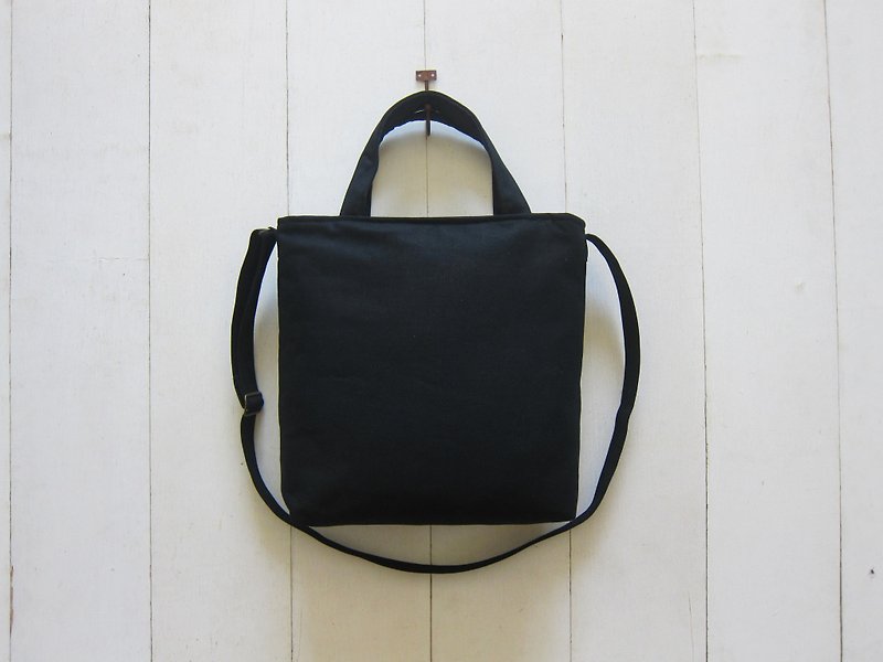 A4 Canvas Tote - Medium size (Zipper Closure W / Adjusted Strap) Black + Black - Messenger Bags & Sling Bags - Other Materials Black
