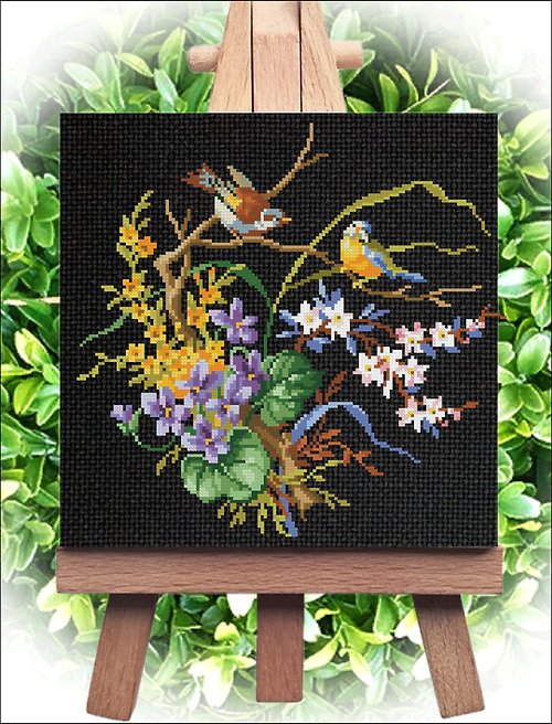 CreativeStudioElenka Vintage Cross Stitch Scheme Flowers and birds - PDF Embroidery Scheme
