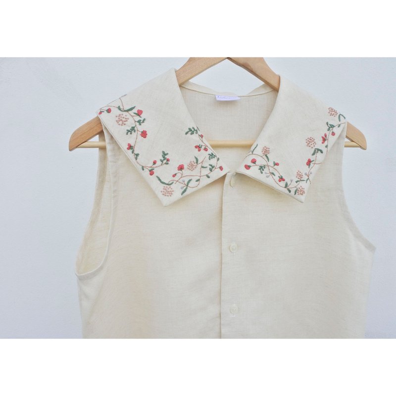 Embroidery | Linen | Natural cream sleeveless shirt - Women's Shirts - Cotton & Hemp Khaki