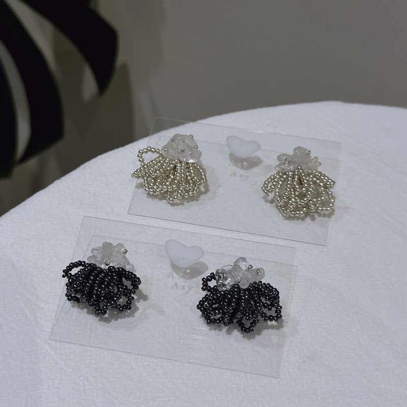 Hand-Embroidered Earrings - Mineral Beads & Elegant Skirt Design - Earrings & Clip-ons - Silver Silver