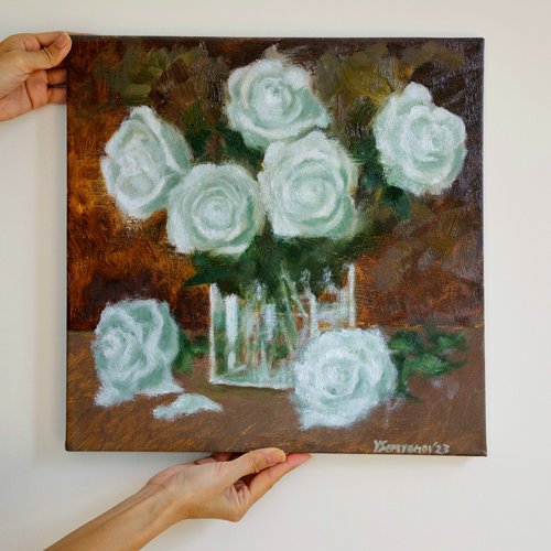 SemyonovArt Studio White Roses Flowers Original Art Oil Painting Wall Decor Beautiful Roses