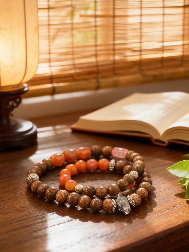 Crystal.EAA 設計款雙圈手串 檀煙緋色 檀木x紅兔毛x南紅x櫻花 - 手鍊/手環 - 木頭 咖啡色