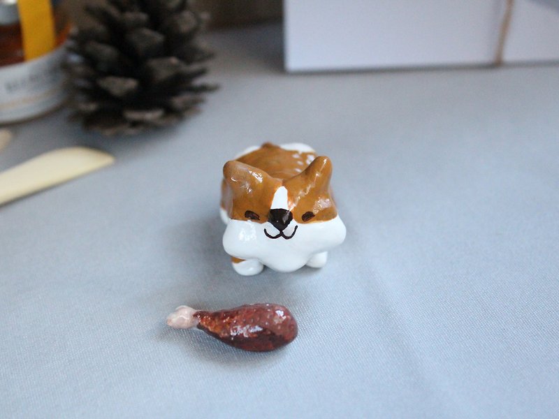 Handmade Corgi animal with chicken leg clay toy table decorate - Items for Display - Clay Brown