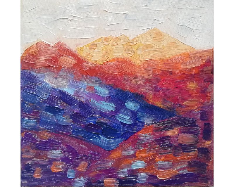 Mountain Oil Painting Sunrise Original Art Impasto Wall Art Nature Wall Decor - โปสเตอร์ - วัสดุอื่นๆ หลากหลายสี