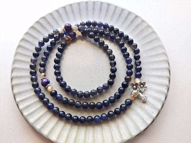 ORLI Jewelry natural cordierite 108 prayer beads cordierite 108 prayer beads 925 sterling silver flowers - Necklaces - Gemstone Blue