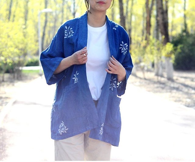 Hand-dyed Indigo Linen Kimono Jacket- Batik