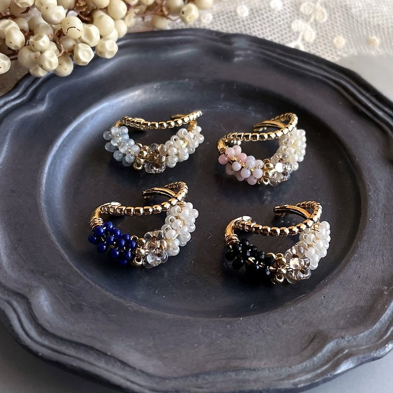 Natural stone and antique bead ear cuff/for one ear/lapis lazuli/onyx/pink opal/aquamarine - ต่างหู - เครื่องเพชรพลอย หลากหลายสี
