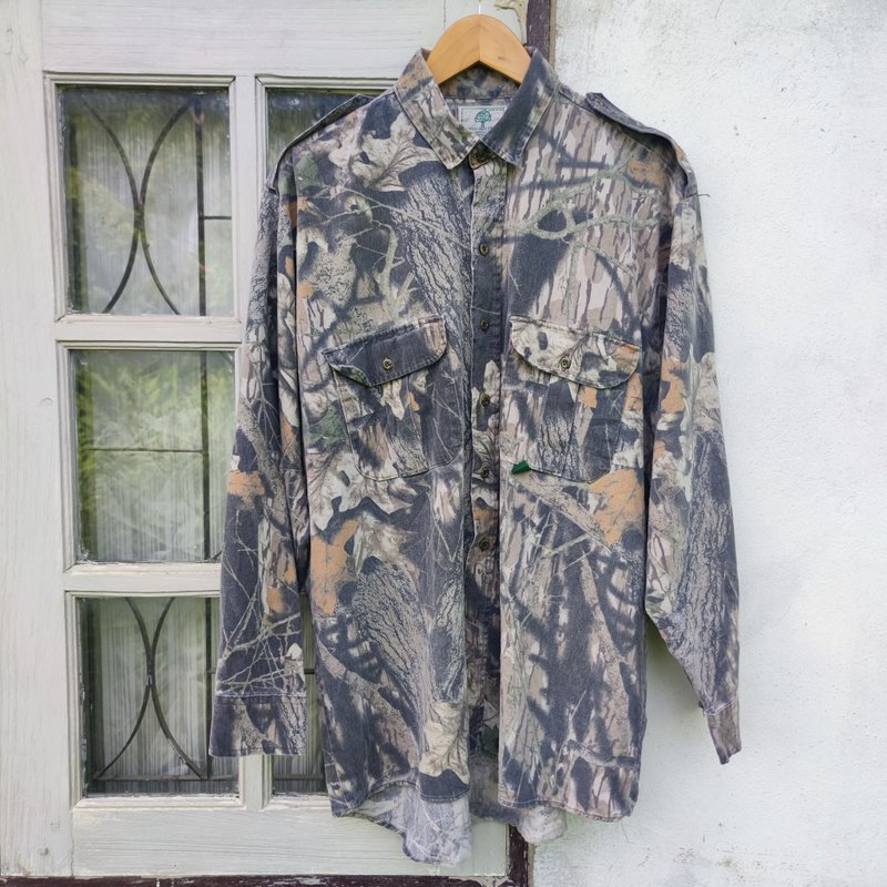 Vintage Mossy Oak Gen 1 Break Up Camouflage Button Up Shirt - เสื้อเชิ้ตผู้ชาย - ผ้าฝ้าย/ผ้าลินิน สีนำ้ตาล