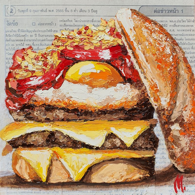 Hamburger Painting Fast Food Original Art Fried Eggs Tomatoes Cheese Sandwich - 海報/掛畫/掛布 - 其他材質 