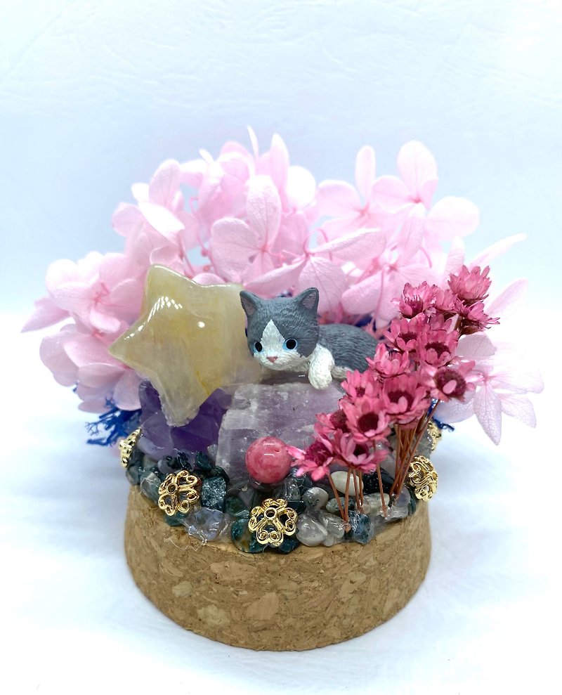 Cat and citrine star/kunzite/amethyst/ Stone beads-crystal figurine dried flower arrangement - ของวางตกแต่ง - คริสตัล 