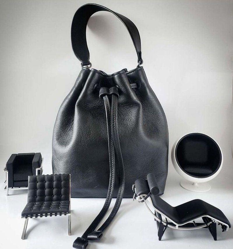 simple.she bucket bag crossbody bag in leather - Drawstring Bags - Genuine Leather Black