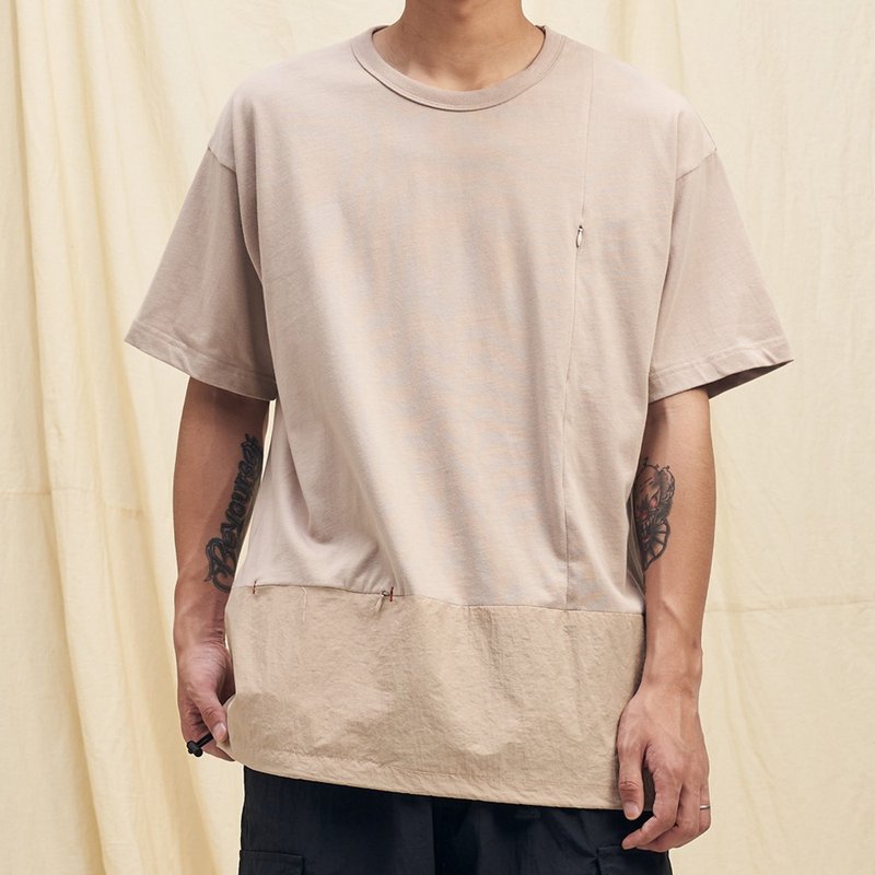 夏日寬鬆拼貼T恤 /中性/簡約款式/純棉材質/素T/情侶/禮物 - 男 T 恤 - 棉．麻 卡其色