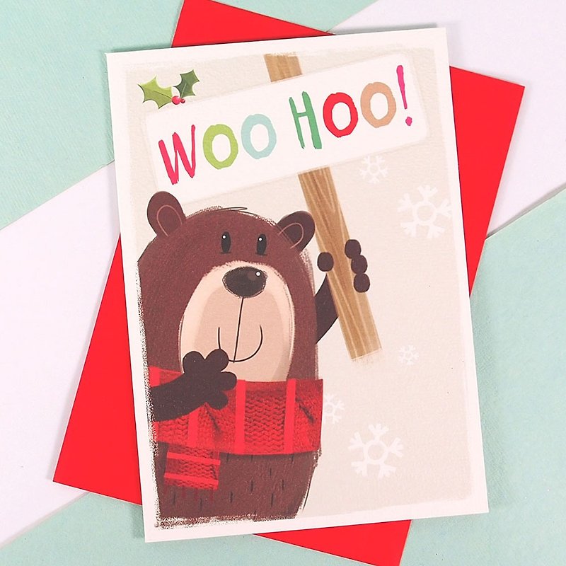 Big Bear Holding a Sign and Shouting Christmas Card 【Hallmark-GUS Christmas Series】 - Cards & Postcards - Paper Pink