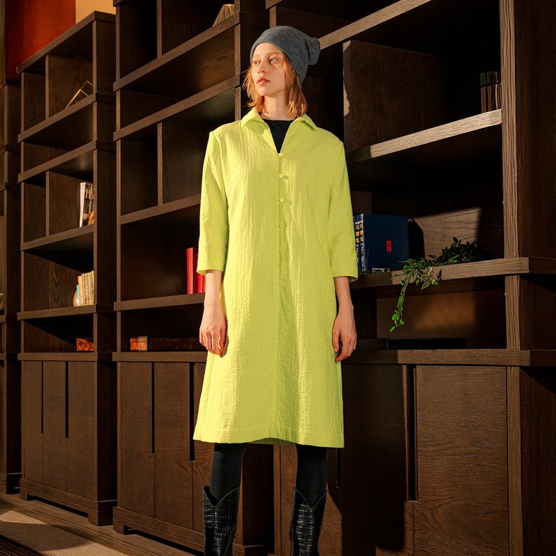 半開襟包布釦襯衫洋裝 - 洋裝/連身裙 - 其他材質 黃色