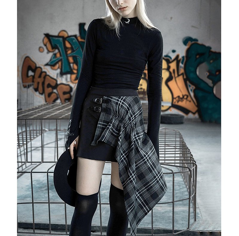 パンクステッチレイヤードスコットランドスカート - スカート - その他の素材 ブラック
