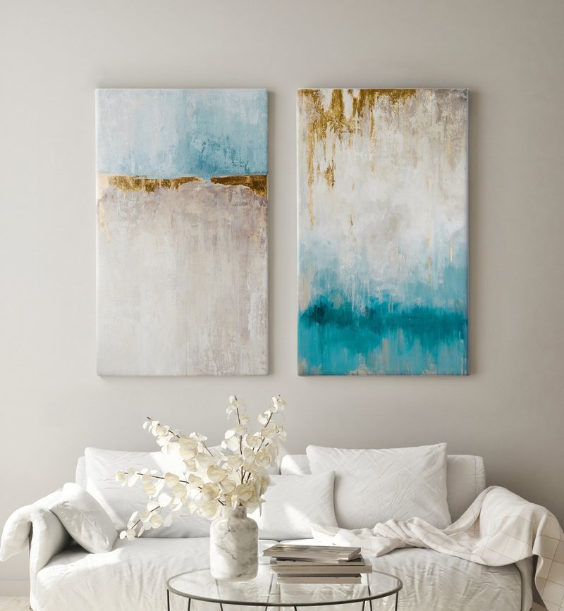 Blue and gold wall art|Set of 2 blue and gold|Blue and gold abstract| Atmosphere - 壁貼/牆壁裝飾 - 棉．麻 藍色