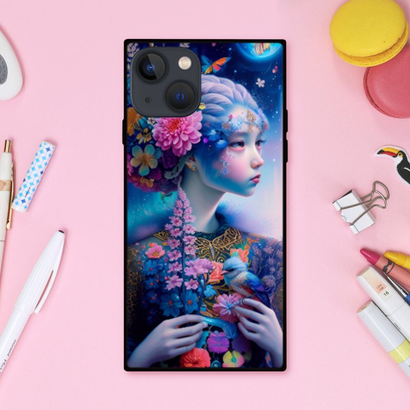 Fantastic, chic, and gorgeous dreamy cute girl with bird, butterflies, and flower lover square smartphone case [tempered glass finish] Compatible with iPhone 16 - เคส/ซองมือถือ - พลาสติก หลากหลายสี